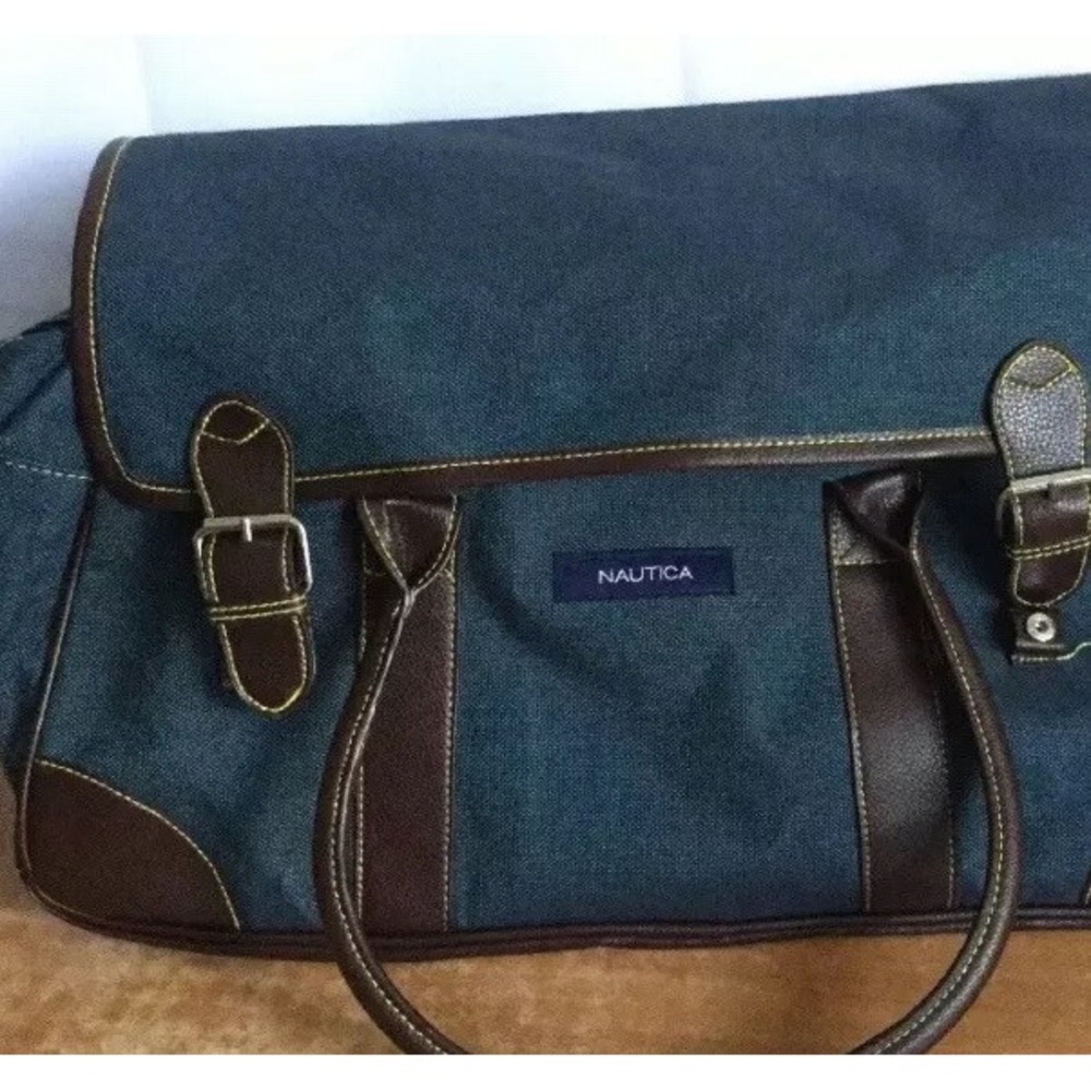 Nautica‎ Duffel Carry On Weekender Bag Shoulder Travel Strap Blue & Brown Trims